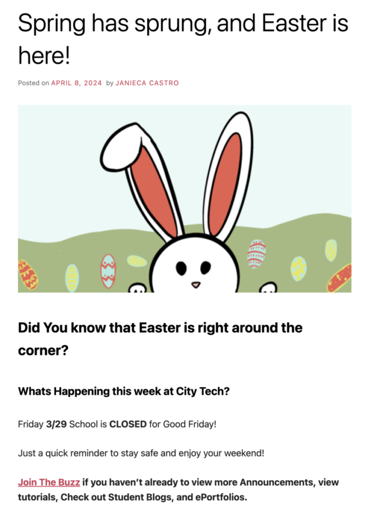 screenshot of Easter break post, showing an easter bunny and easter eggs in a field. 
